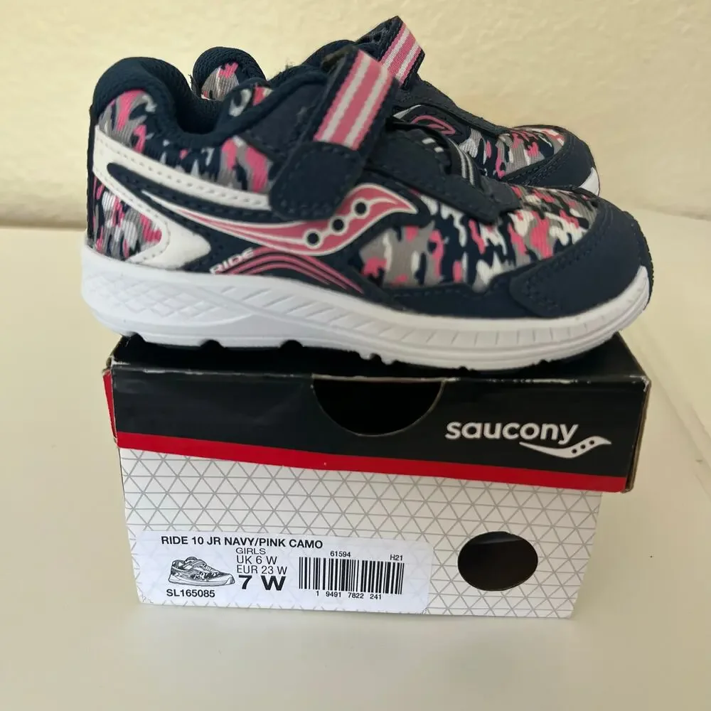 Saucony Ride 10 JR Navy Pink Camo Girls Sneakers Size 7W